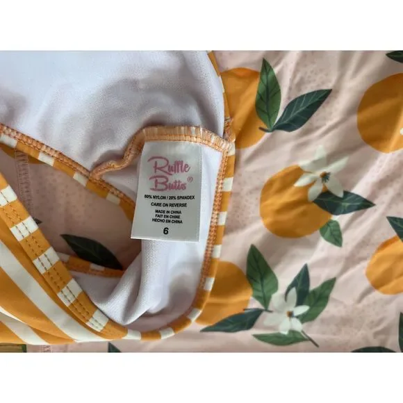 Ruffle Butts Orange Pink Striped Floral 2 Peice Rash Guard Size 6 - Picture 3 of 4